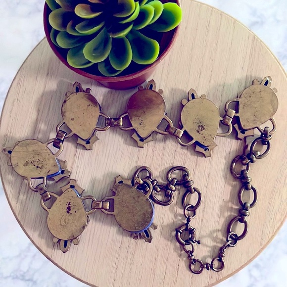 EUC Bump Box | Oversized brass open-link statement necklace pink, blue gemstones - Picture 4 of 6